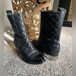 Jeffrey Campbell Zhora Black Quilted Patent Toe with Silver Heel Ankle Boots